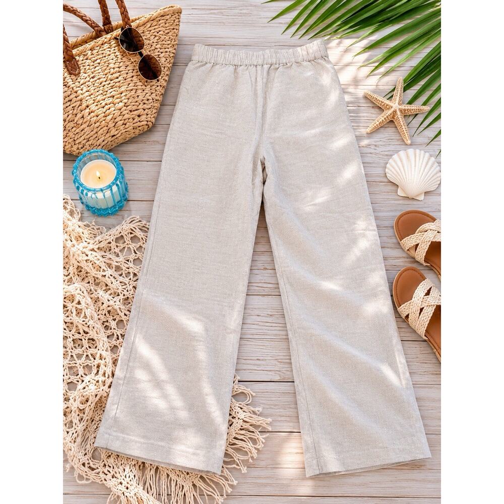Crown Linen Designs Women’s L Oatmeal Linen Blend Pants Wide Leg Shimmer